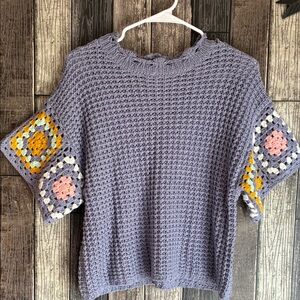Lavender Crochet Short Sleeve Sweater with Granny Square Accents